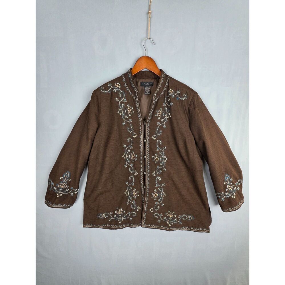 Silk Land Woman 100% Silk Brown Embroidery Beaded Blazer 3XL Mandarin Collar